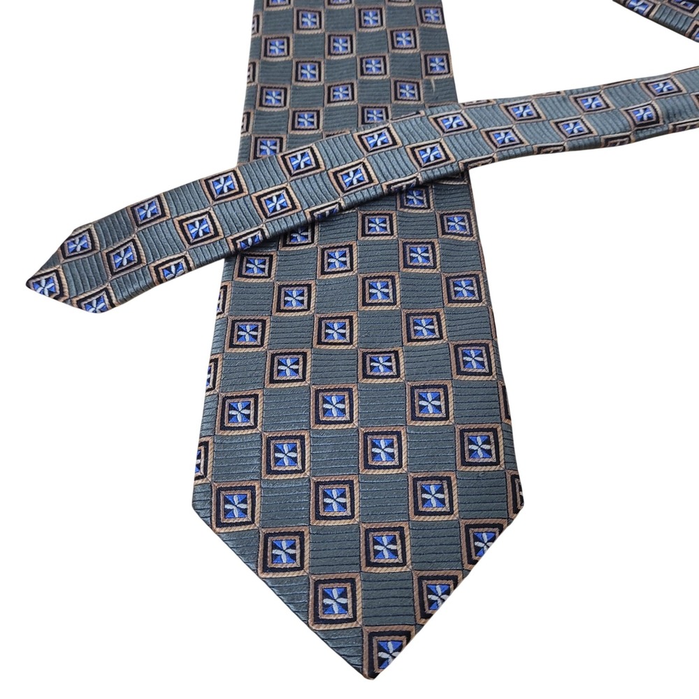 J.Z. Richards Silk Tie Men4x64 Geometric Square Pattern Blue Gold Sage Green USA